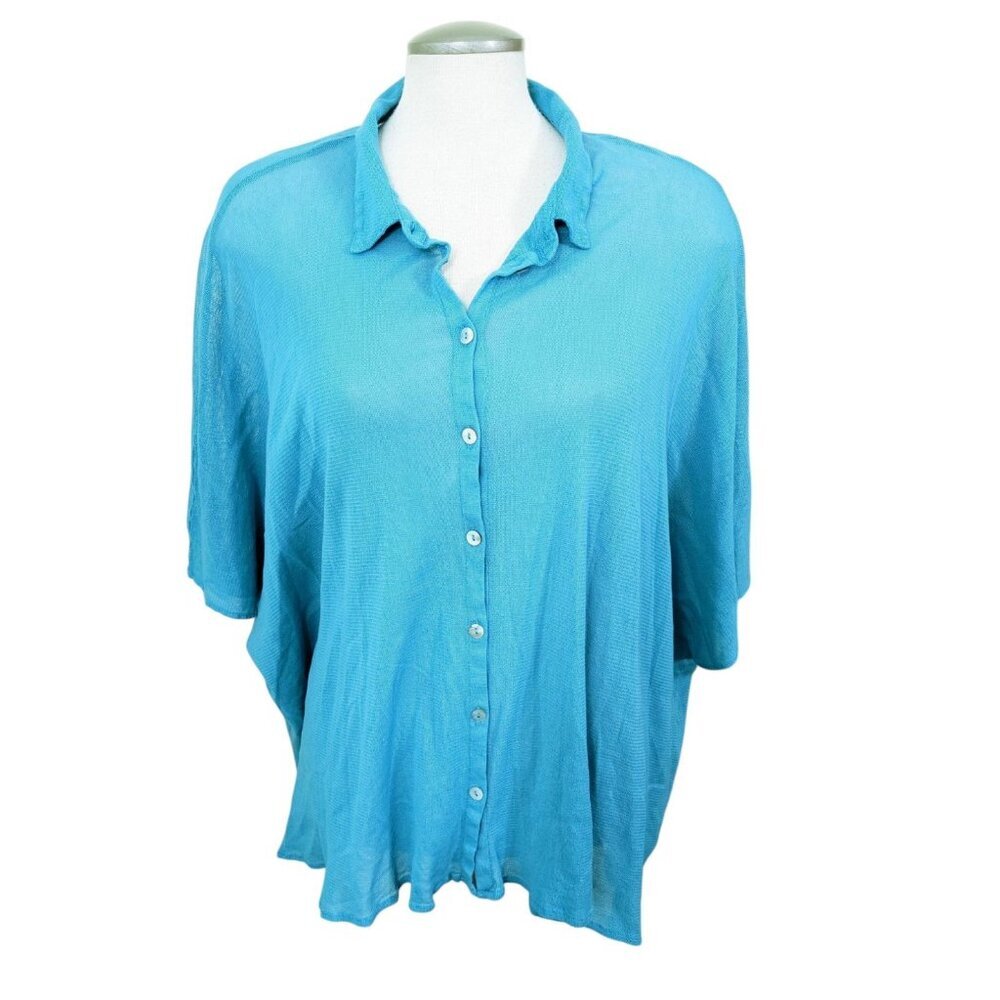 Cut Loose Womens One Size Teal Blue Sheer Mesh Collared Top Shirt Boxy Lagenlook
